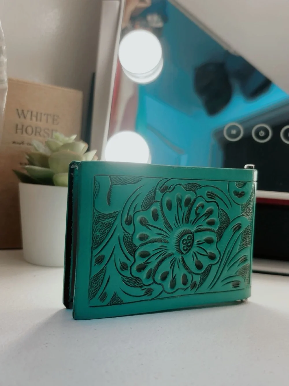 Turquoise Floral Tooled Leather Wallet